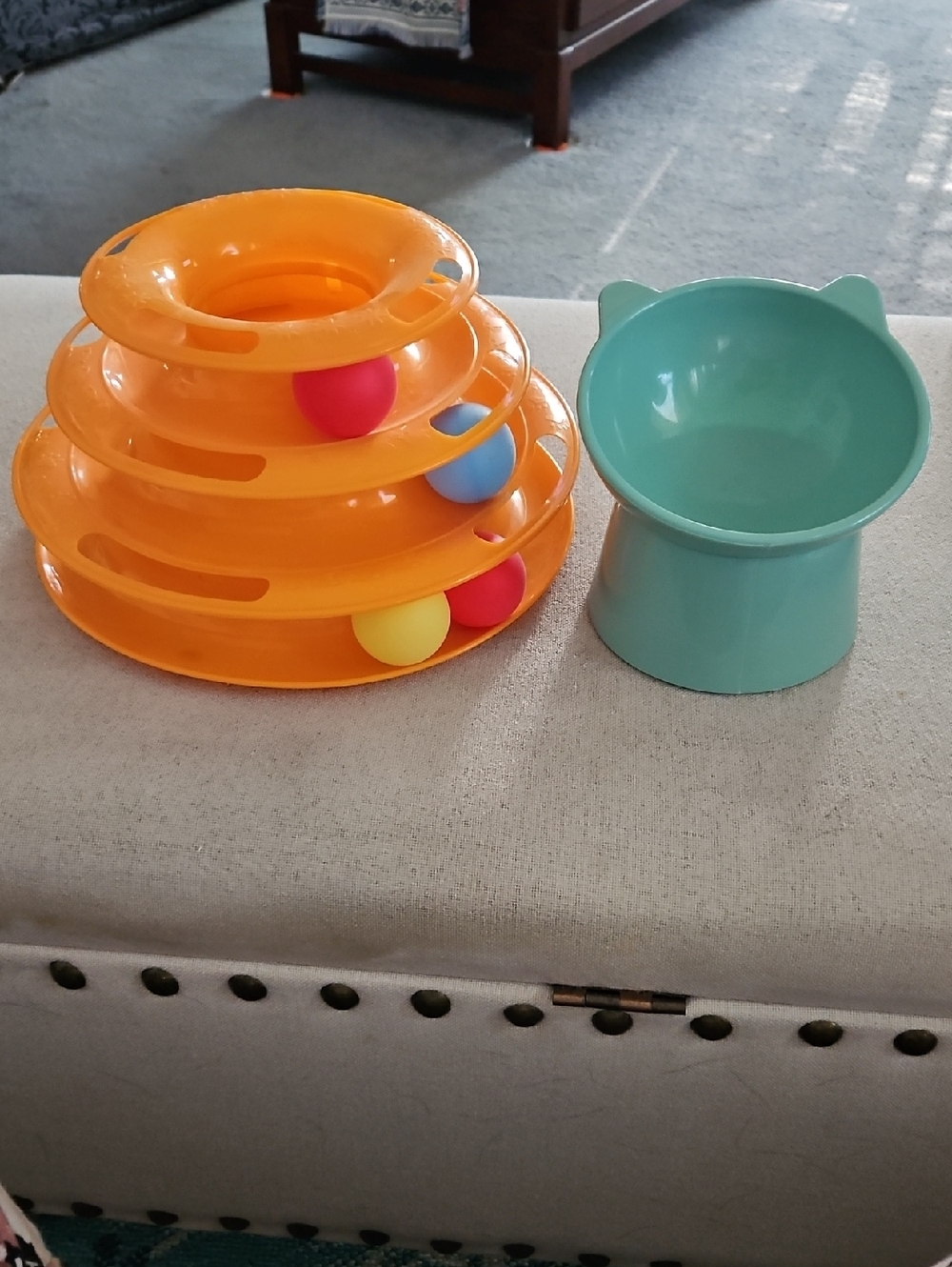 Orange Stack-and-Track Ball Tower Cat Toy with Teal Cat Bowl Sold Together